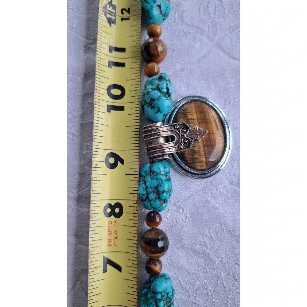 Turquoise Tigers Eye Beaded Necklace Pendant and Stretch Bracelet Jewelry Set